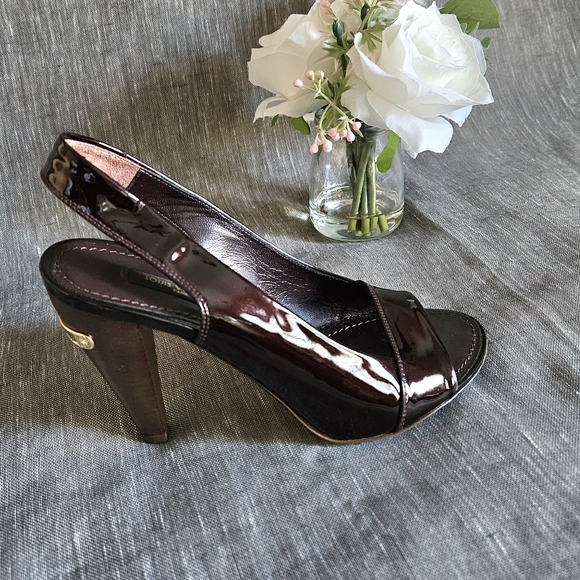 Louis vuitton Plum Patent Leather Metallic Gold Slingback Luxury Heels Size 6 US - Picture 10 of 16